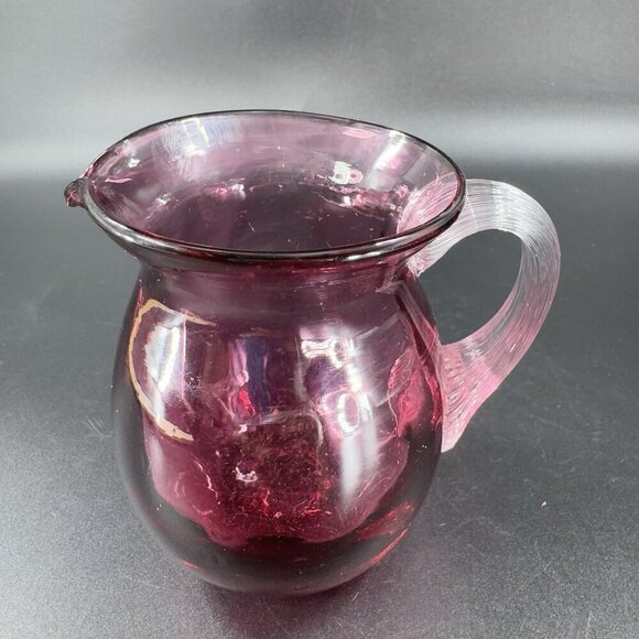 Vintage Pilgrim Glass Cranberry Small Pitcher Creamer With Clear Handle Glass - Picture 11 of 11